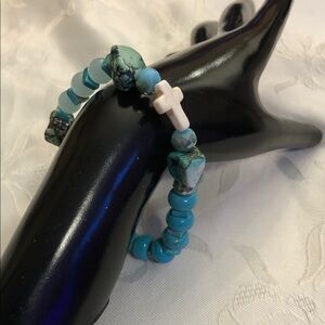 Turquoise Beaded Bracelet with White Cross Charm